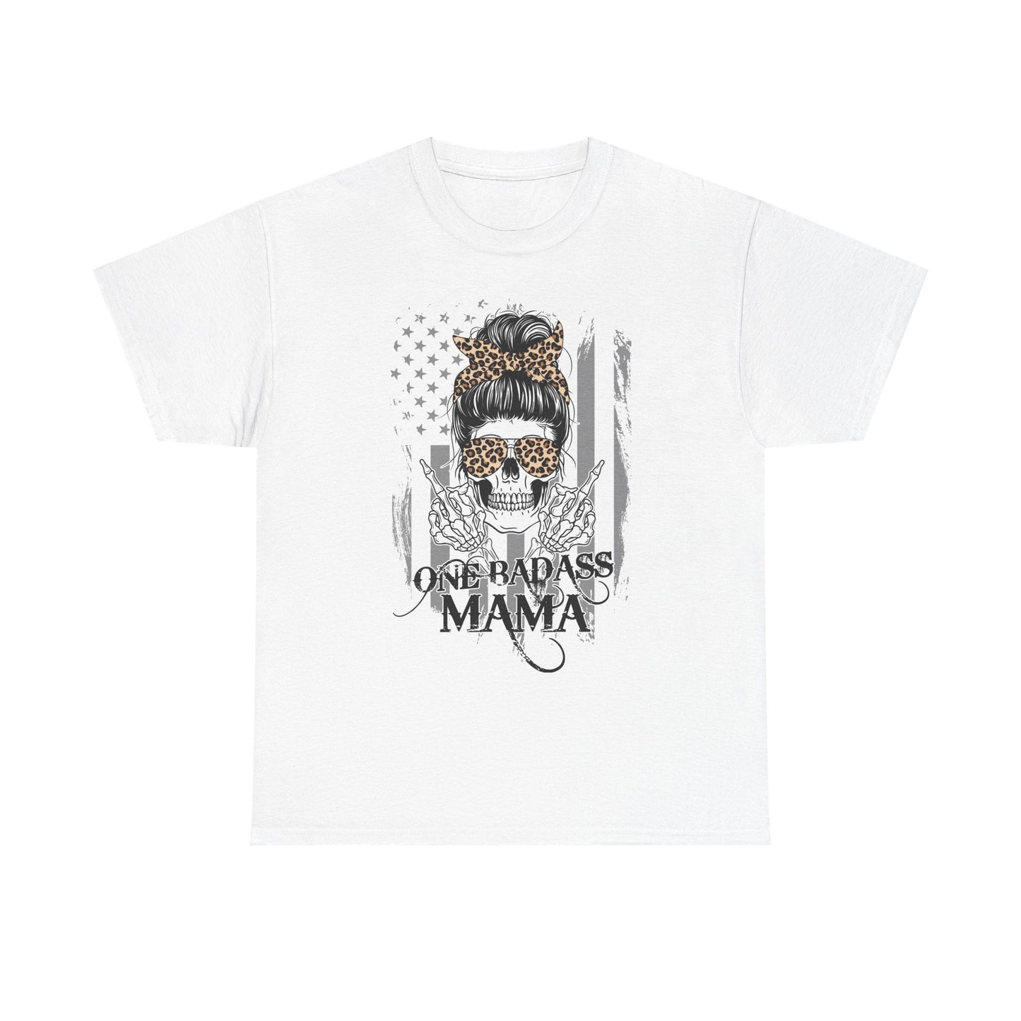 One Badass Mama Unisex Heavy Cotton Tee - Skull and Leopard Print