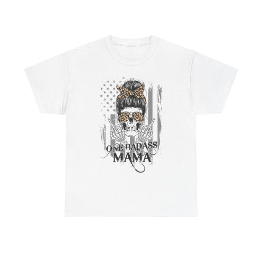 One Badass Mama Unisex Heavy Cotton Tee - Skull and Leopard Print