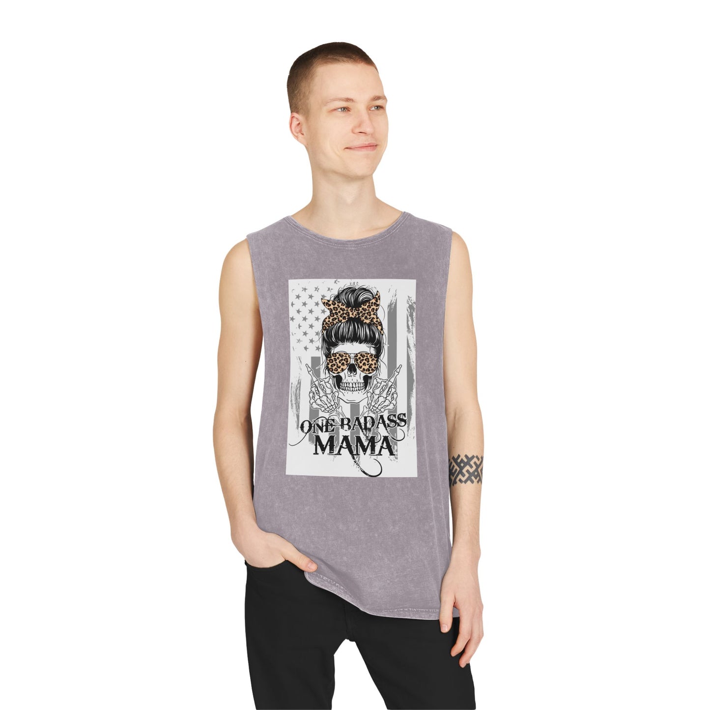 One Badass Mama Stonewash Tank Top | Unisex Graphic Tee for Strong Moms