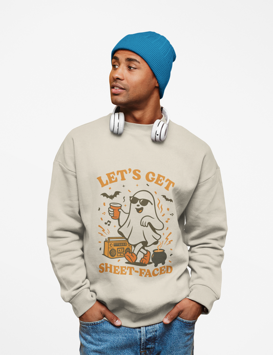 Let's Get Sheet-Faced Halloween Sweatshirt, Unisex Crewneck, Ghost Design, Perfect for Parties, Fall Celebrations, Cozy Wear