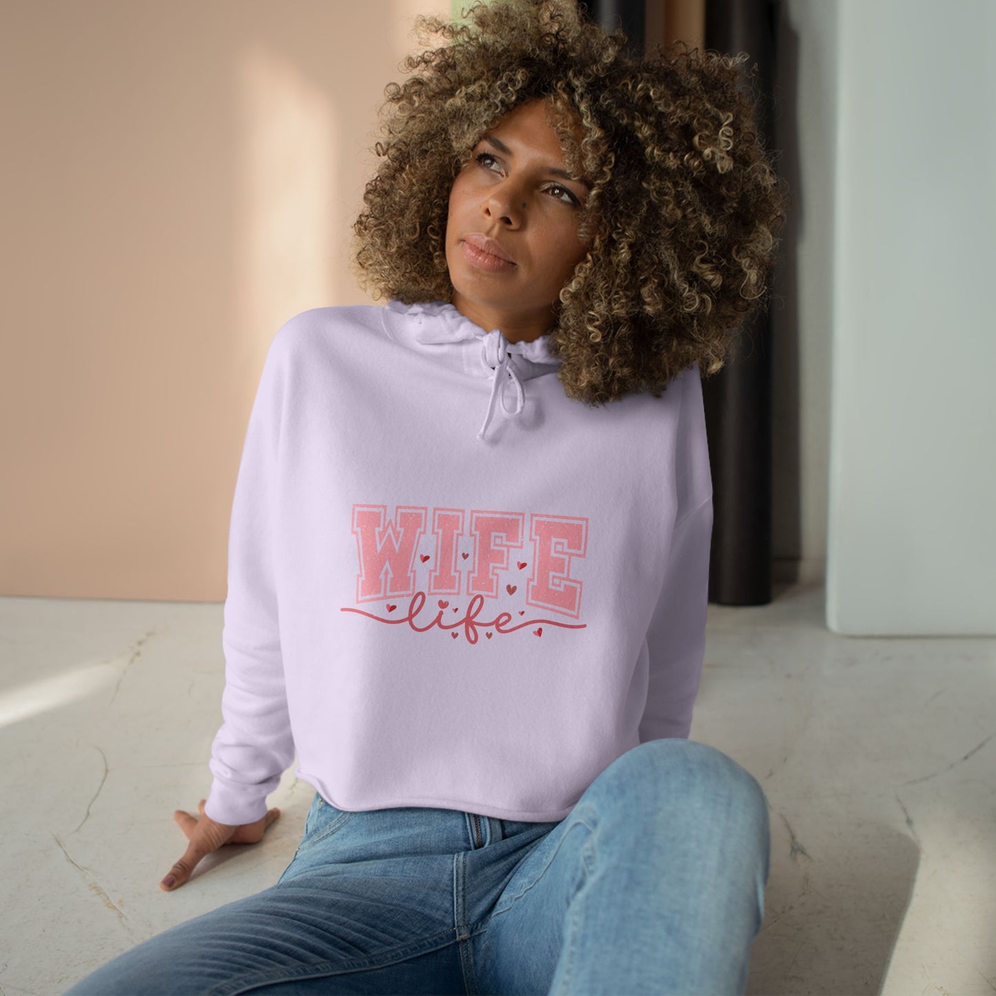 Wife Life Crop Hoodie - Trendy Pink Graphic Sweatshirt for Couples and Celebrations