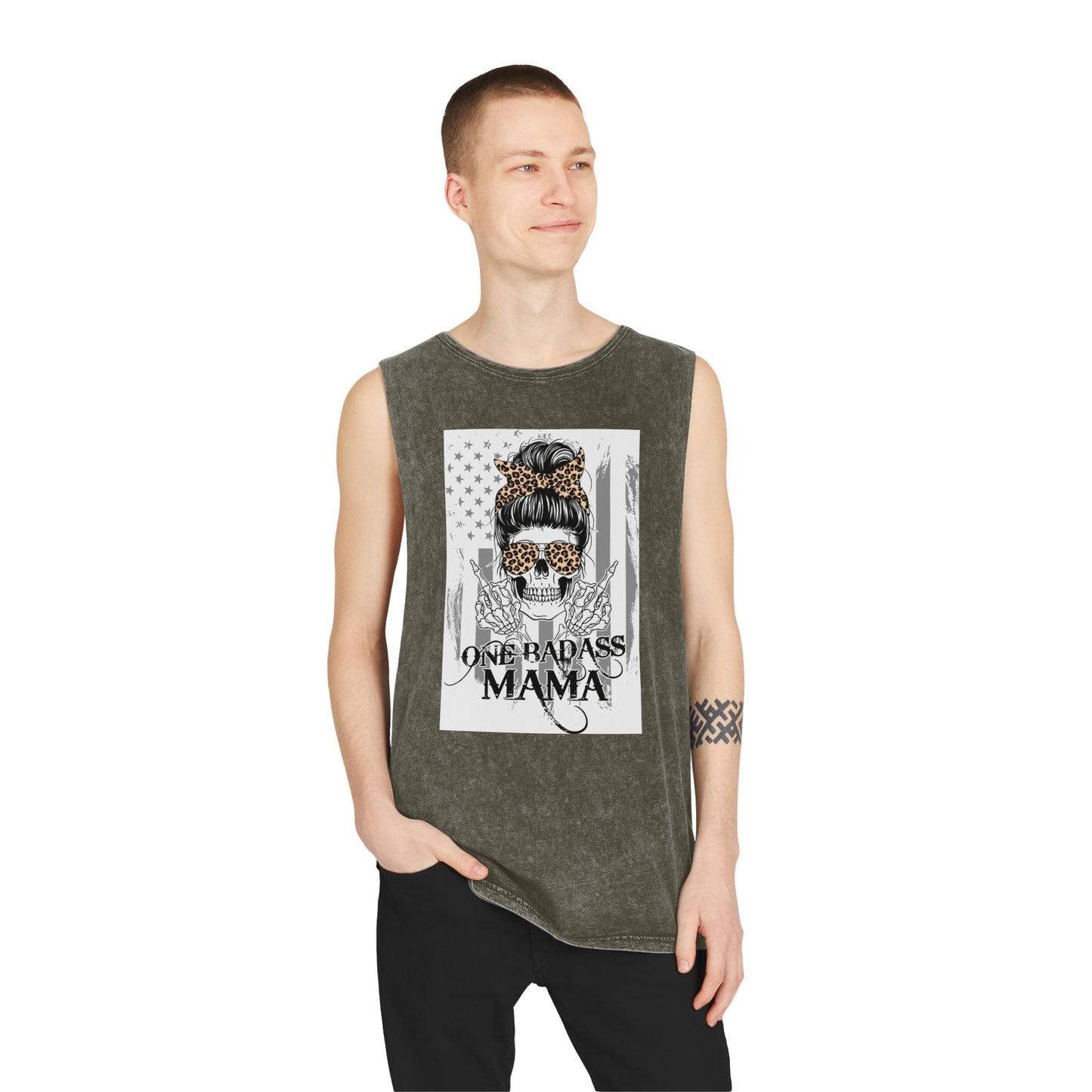 One Badass Mama Stonewash Tank Top | Unisex Graphic Tee for Strong Moms