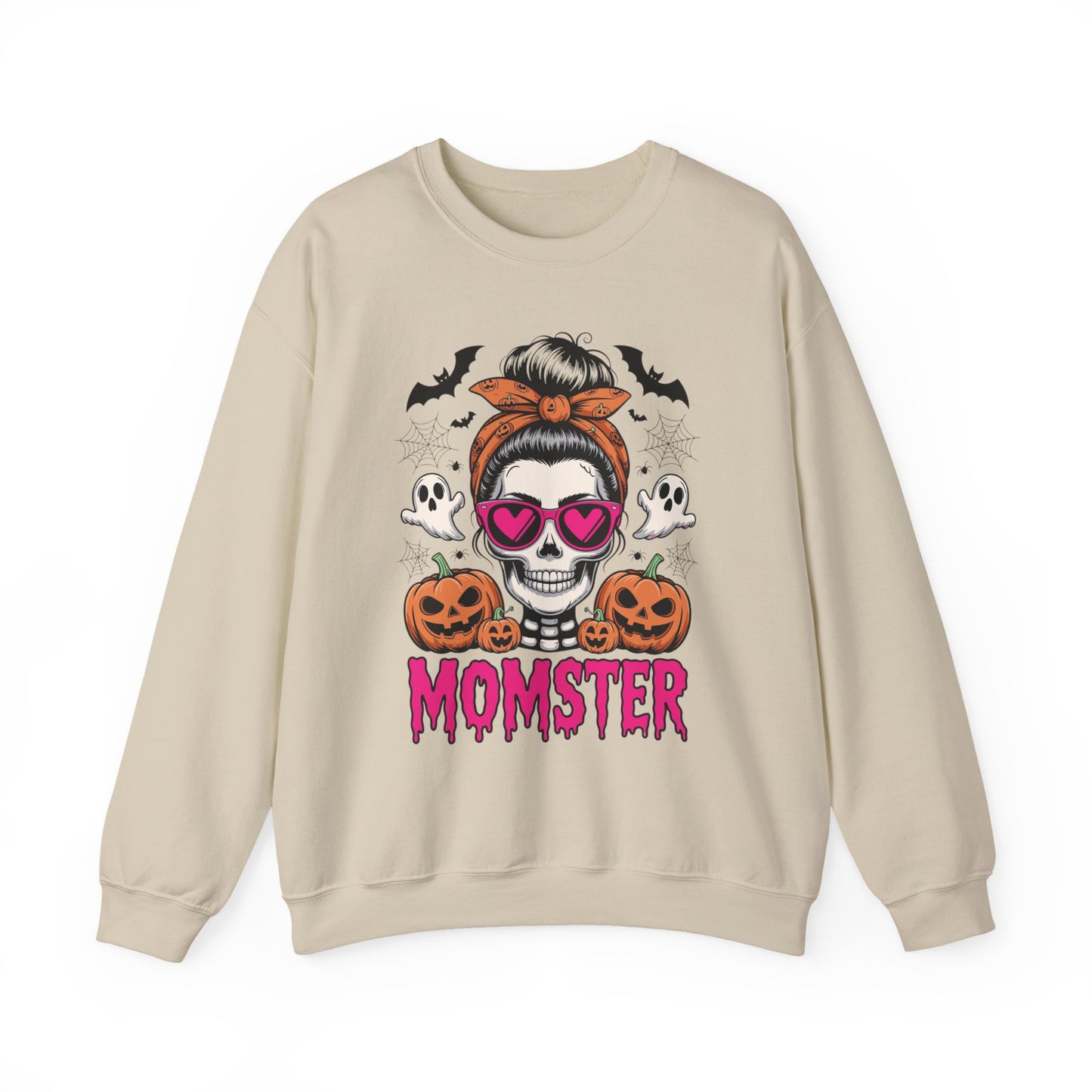 Momster Halloween Sweatshirt — Skull Mom with Pumpkins & Ghosts