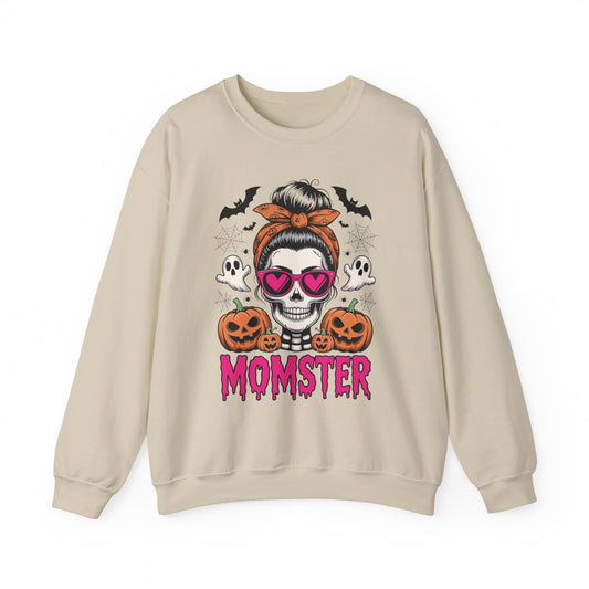 Momster Halloween Sweatshirt — Skull Mom with Pumpkins & Ghosts
