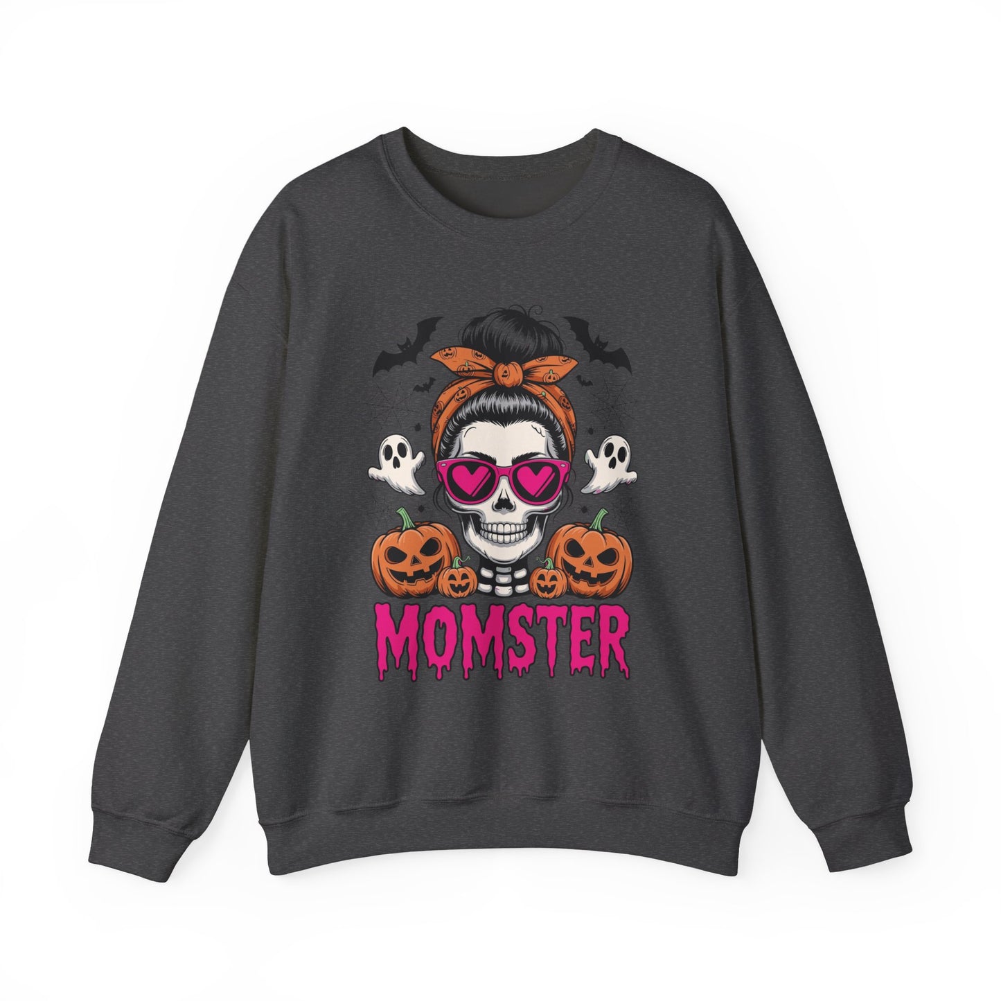 Momster Halloween Sweatshirt — Skull Mom with Pumpkins & Ghosts
