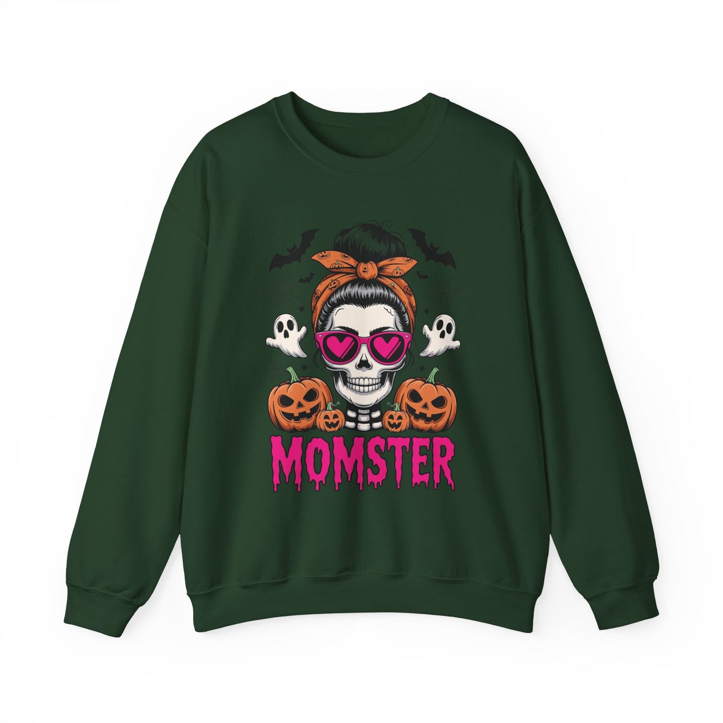 Momster Halloween Sweatshirt — Skull Mom with Pumpkins & Ghosts