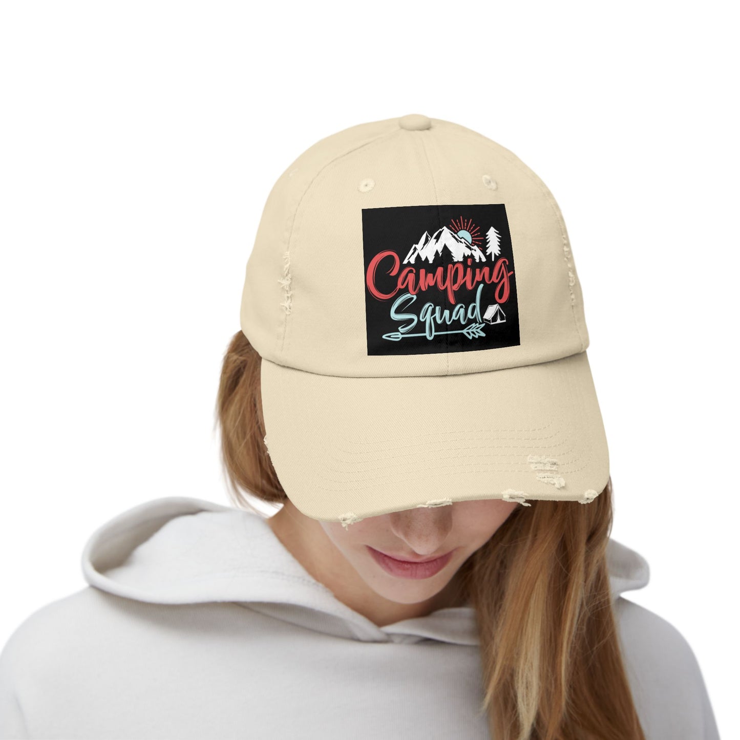 Camping Squad Distressed Cap | Unisex Headwear for Outdoor Adventures, Gifts for Campers, Summer Vibes, Travel Accessories, Hiking Cap