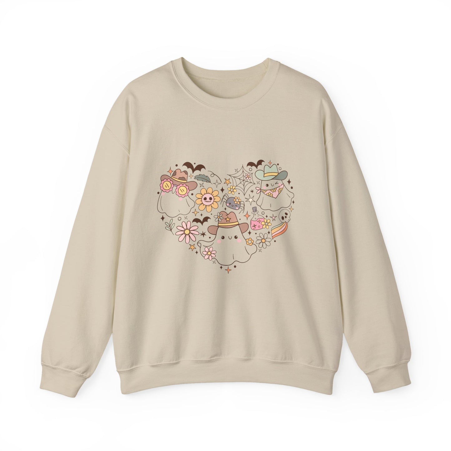 Heartfelt Floral Cat Crewneck Sweatshirt, Cute Animal Sweatshirt, Cozy Unisex Sweater, Gift for halloween, Heart Design Apparel, halloween sweatshirt, boo, womens sweatshirt,country apparel