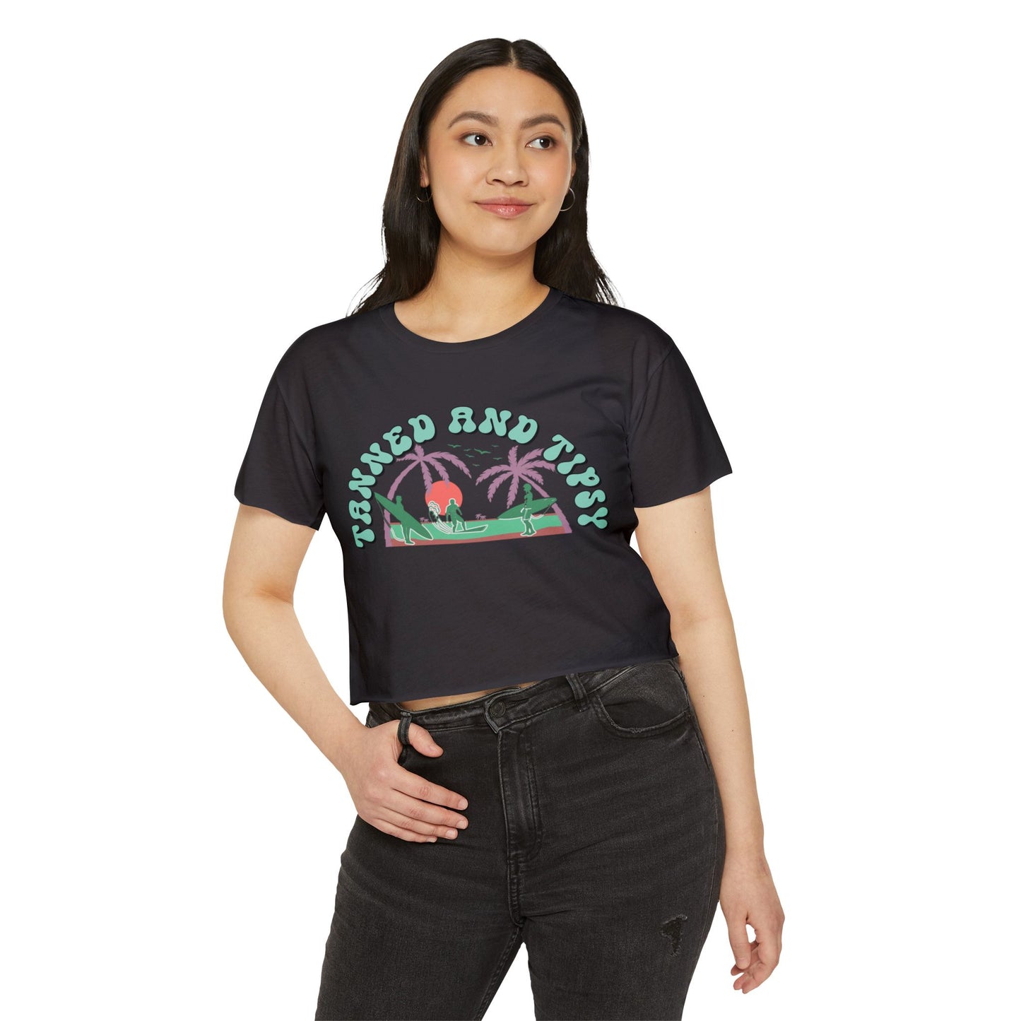 Tanned and Tipsy Women’s Festival Crop Top, Summer Vibe Shirt, Boho Style Tee, Beach Party Essential, Concert Outfit, Vacation Fashion