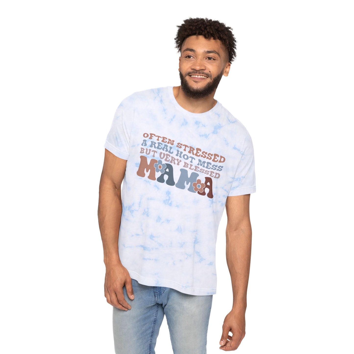 Often Stressed, Blessed Mama Tie-Dyed T-Shirt | Unisex Casual Tee for Moms