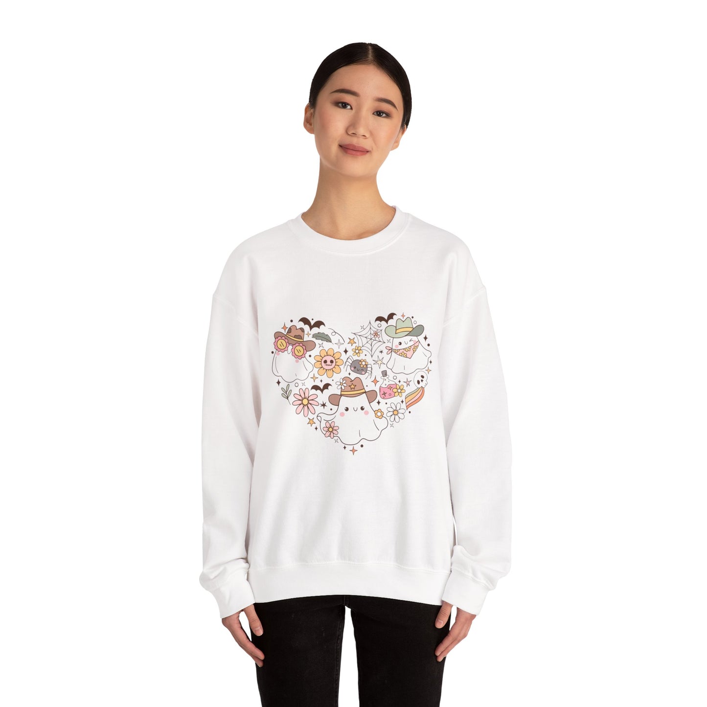 Heartfelt Floral Cat Crewneck Sweatshirt, Cute Animal Sweatshirt, Cozy Unisex Sweater, Gift for halloween, Heart Design Apparel, halloween sweatshirt, boo, womens sweatshirt,country apparel