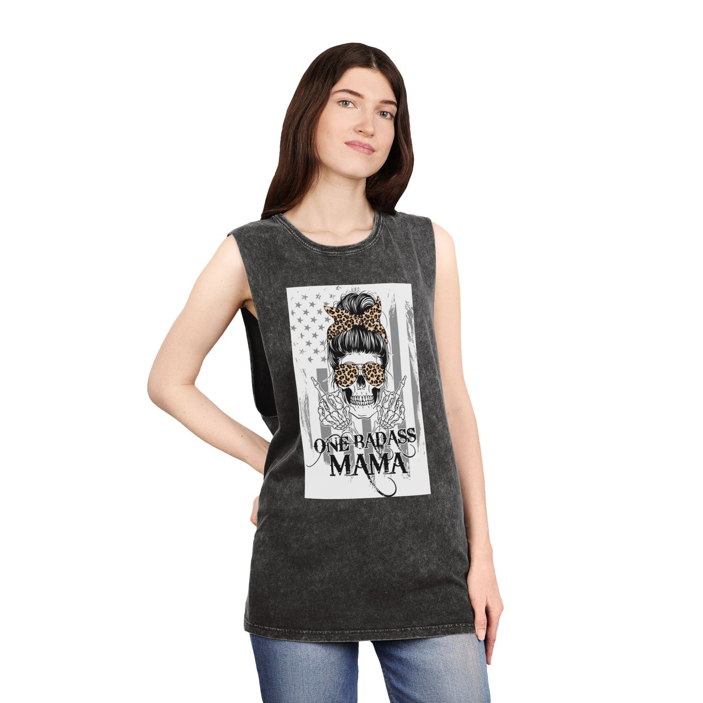 One Badass Mama Stonewash Tank Top | Unisex Graphic Tee for Strong Moms