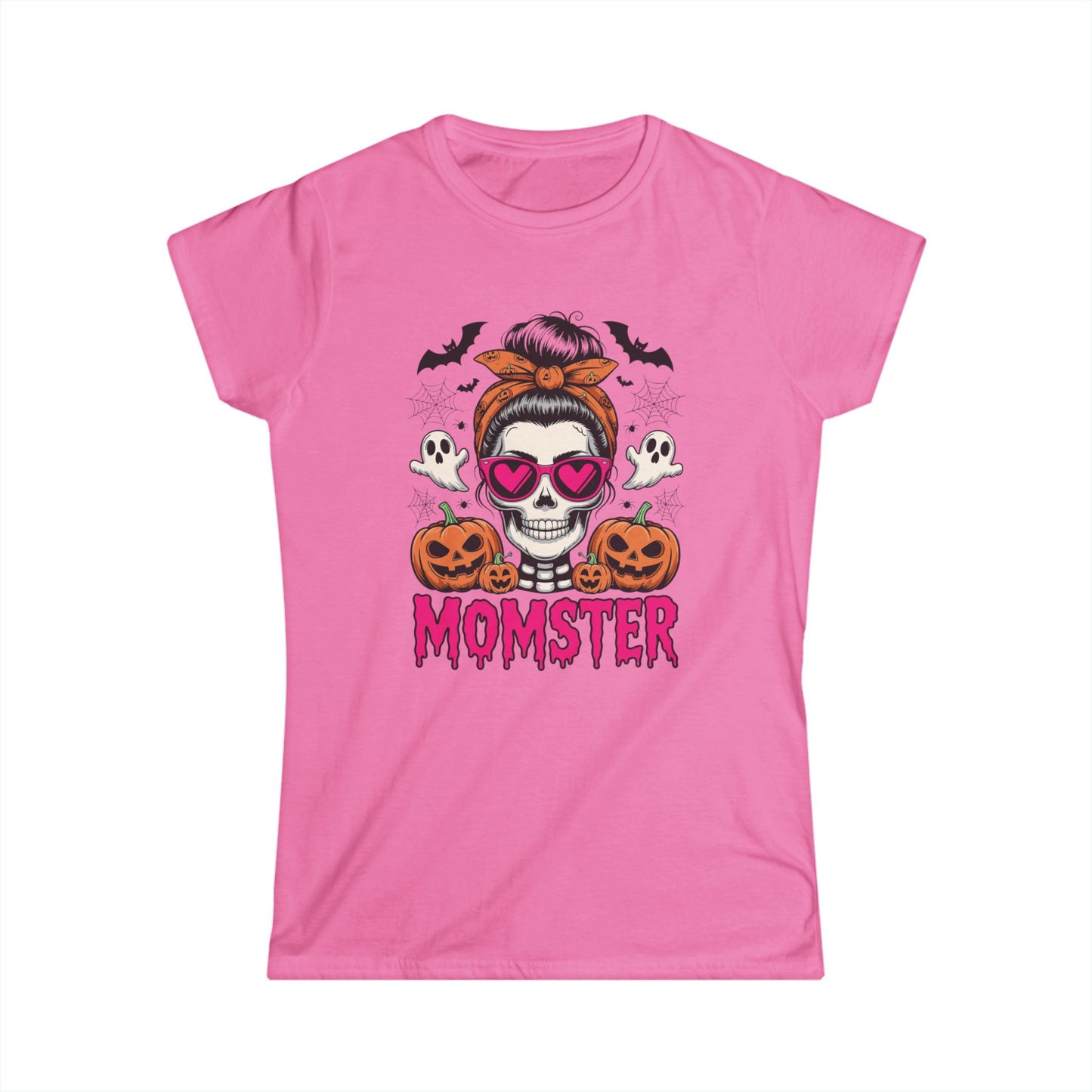 Momster Halloween Tee — Women’s Skull Mom T-Shirt with Pumpkins & Ghosts