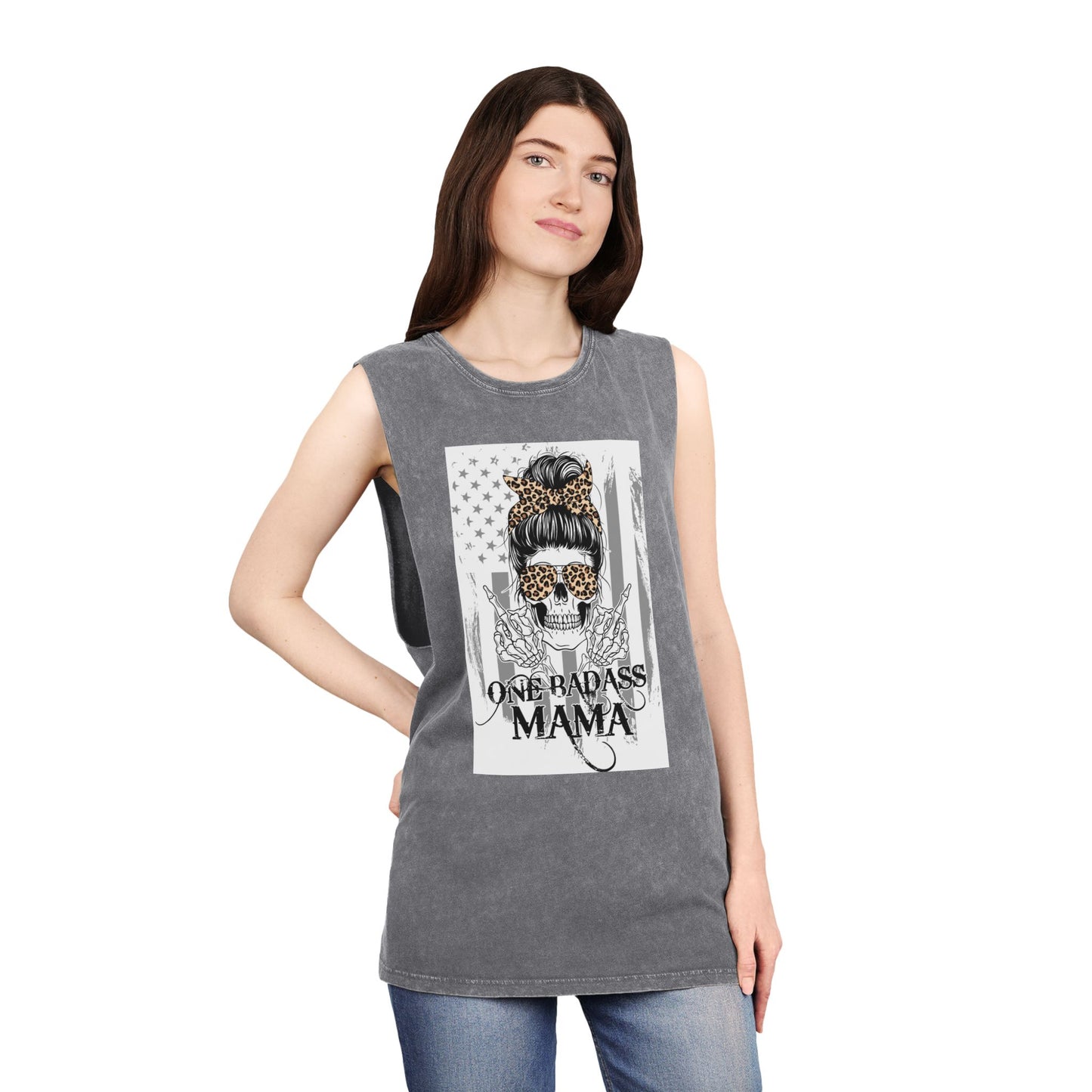 One Badass Mama Stonewash Tank Top | Unisex Graphic Tee for Strong Moms