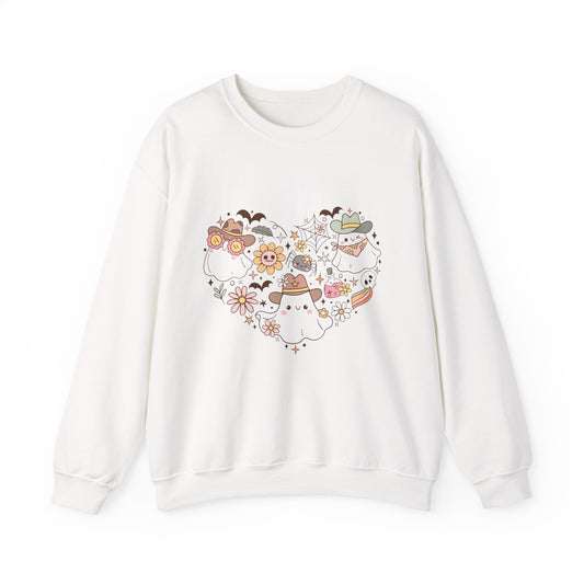 Heartfelt Floral Cat Crewneck Sweatshirt, Cute Animal Sweatshirt, Cozy Unisex Sweater, Gift for halloween, Heart Design Apparel, halloween sweatshirt, boo, womens sweatshirt,country apparel