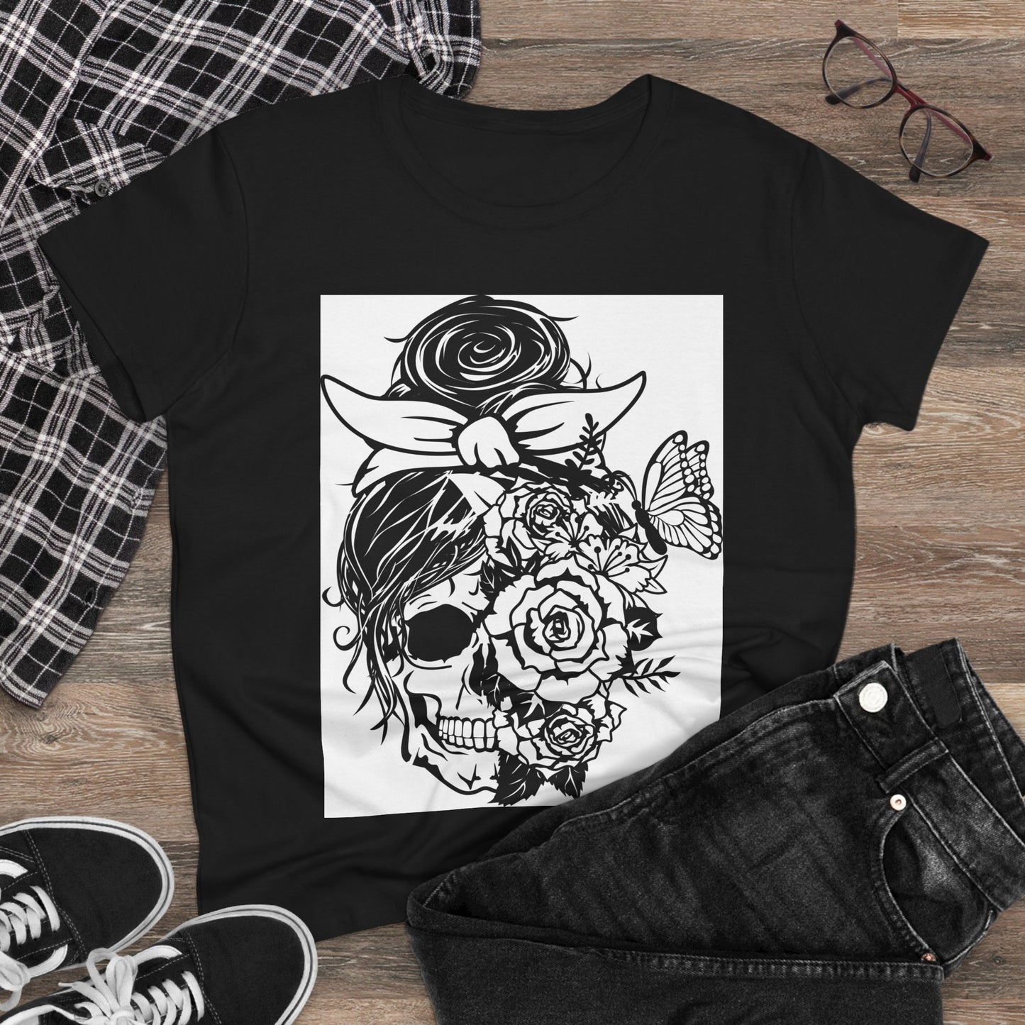 Floral Skull Women&#039;s Midweight Cotton Tee - Bohemian Style Tee for Everyday Wear