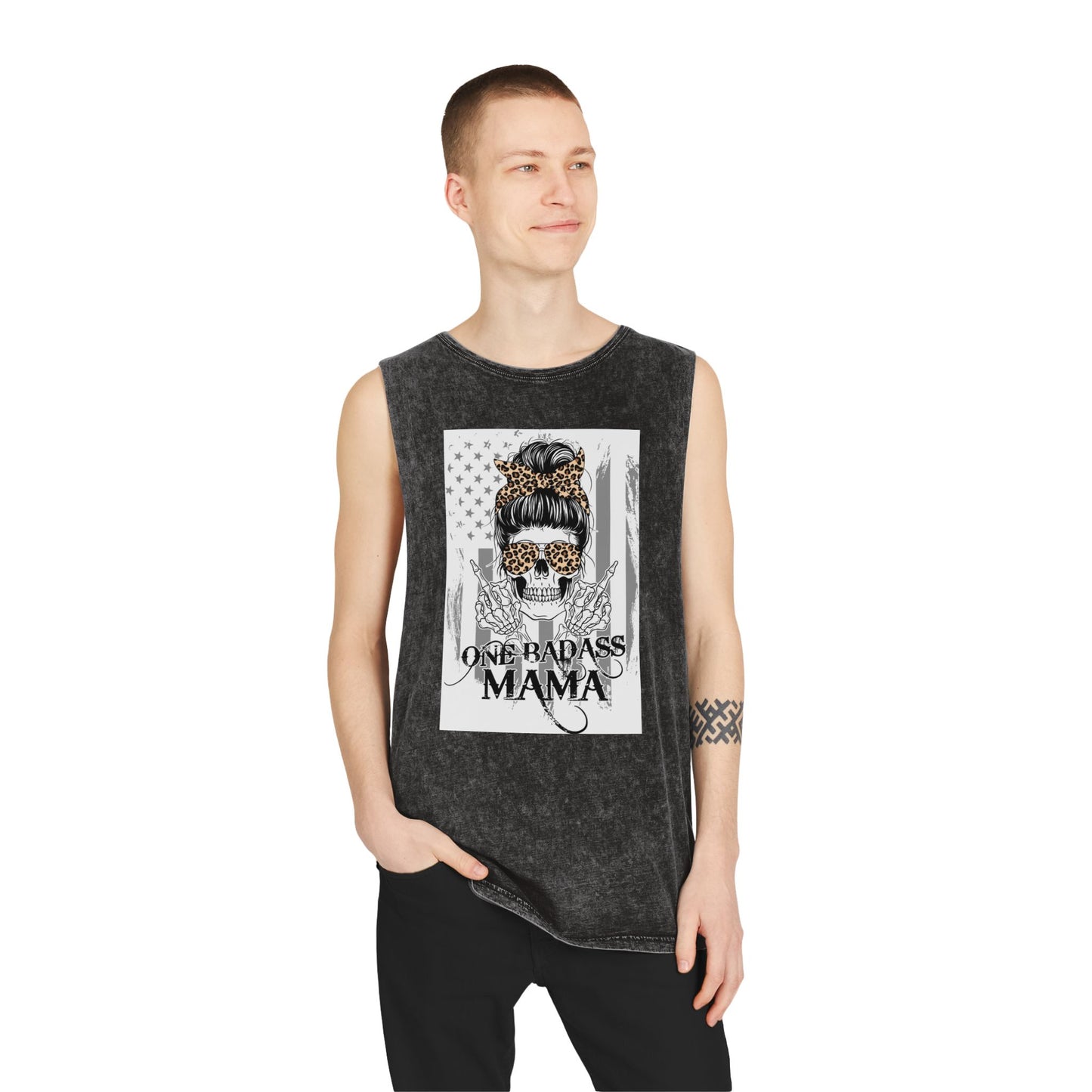 One Badass Mama Stonewash Tank Top | Unisex Graphic Tee for Strong Moms