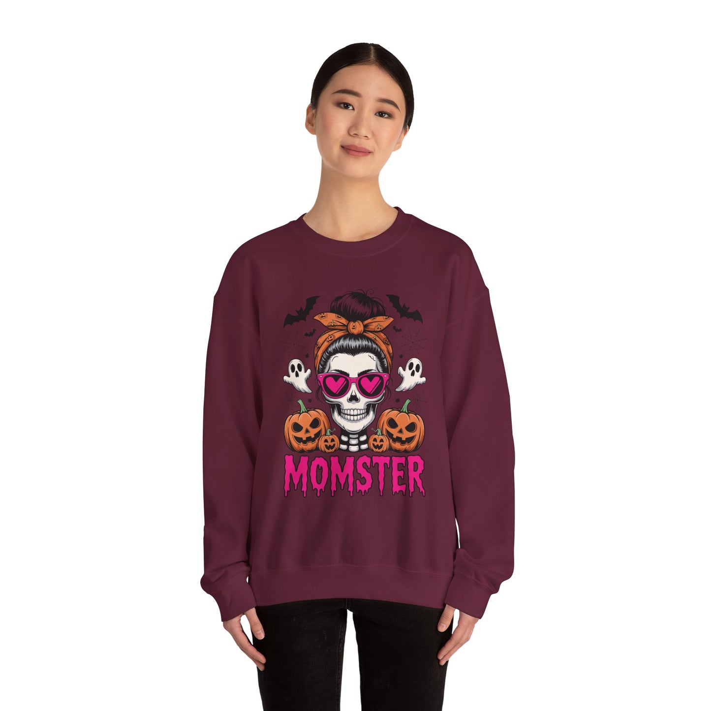Momster Halloween Sweatshirt — Skull Mom with Pumpkins & Ghosts
