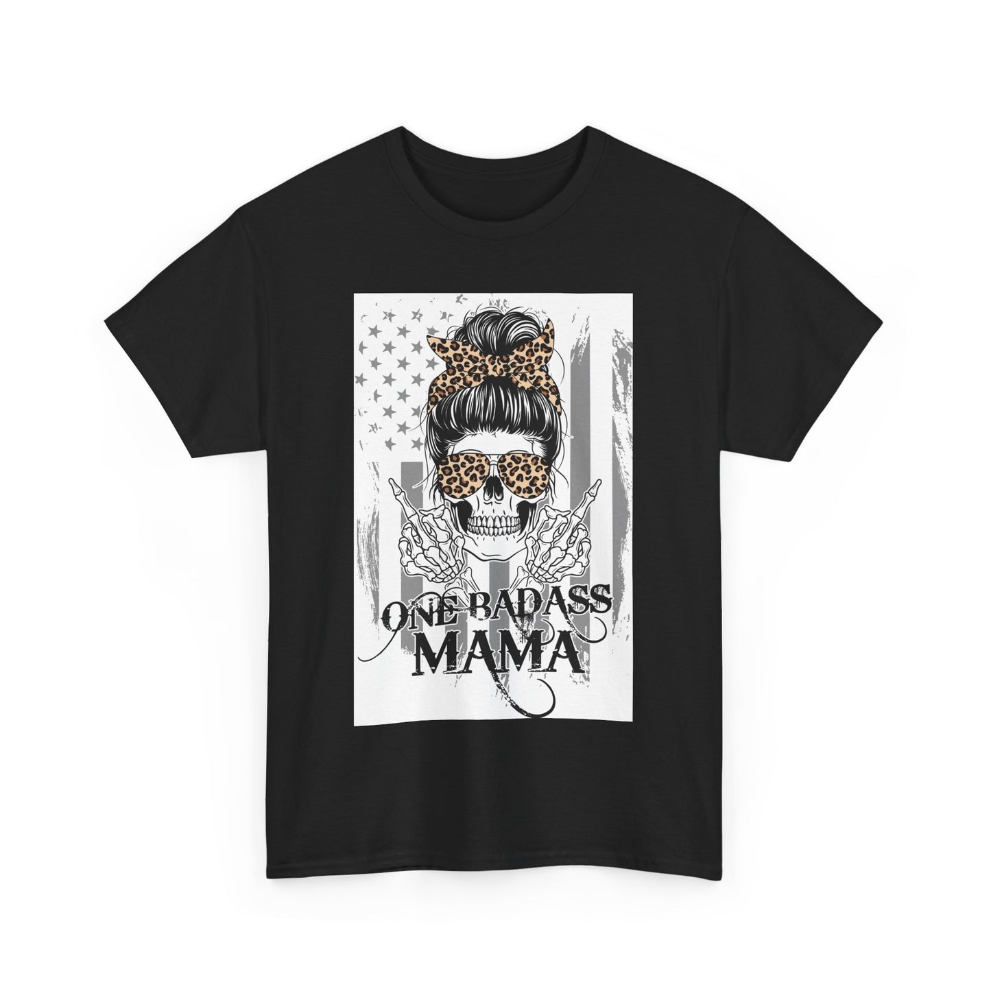 One Badass Mama Unisex Heavy Cotton Tee - Skull and Leopard Print