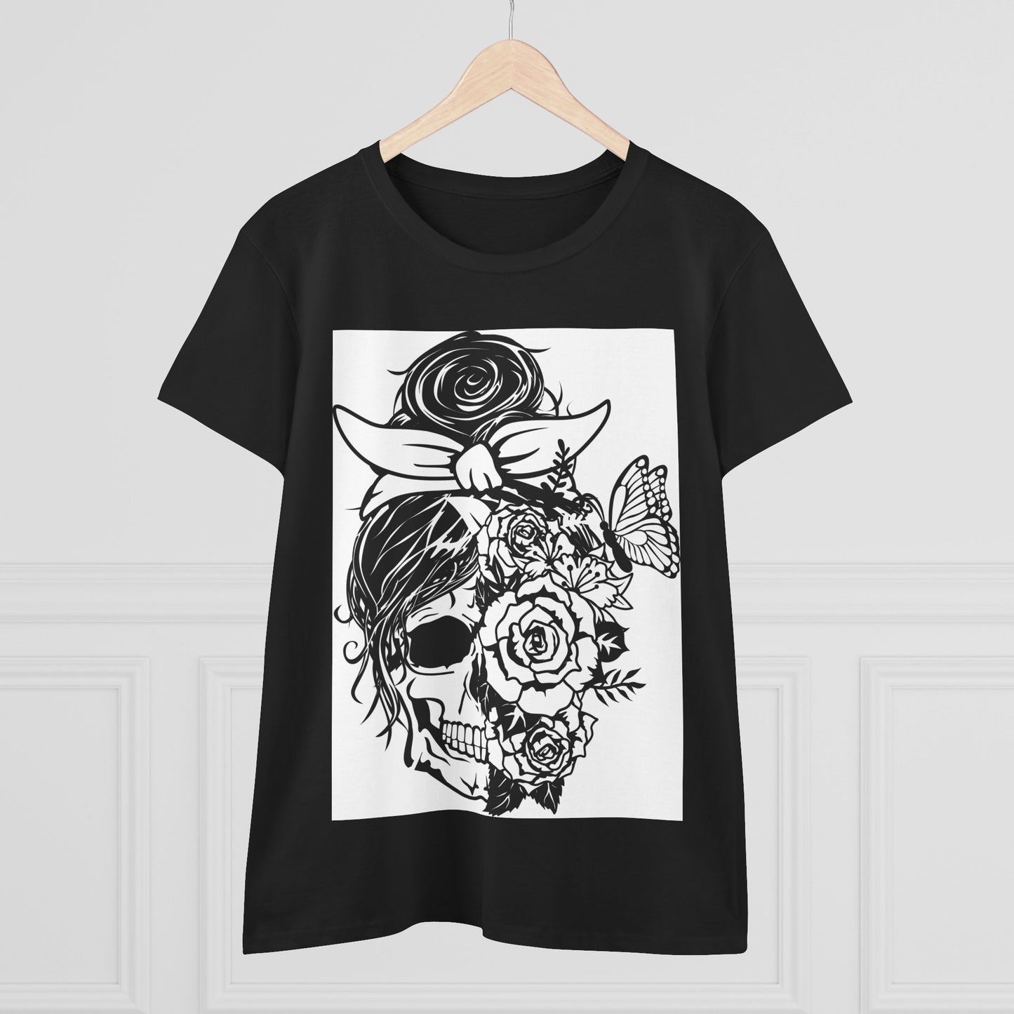 Floral Skull Women&#039;s Midweight Cotton Tee - Bohemian Style Tee for Everyday Wear