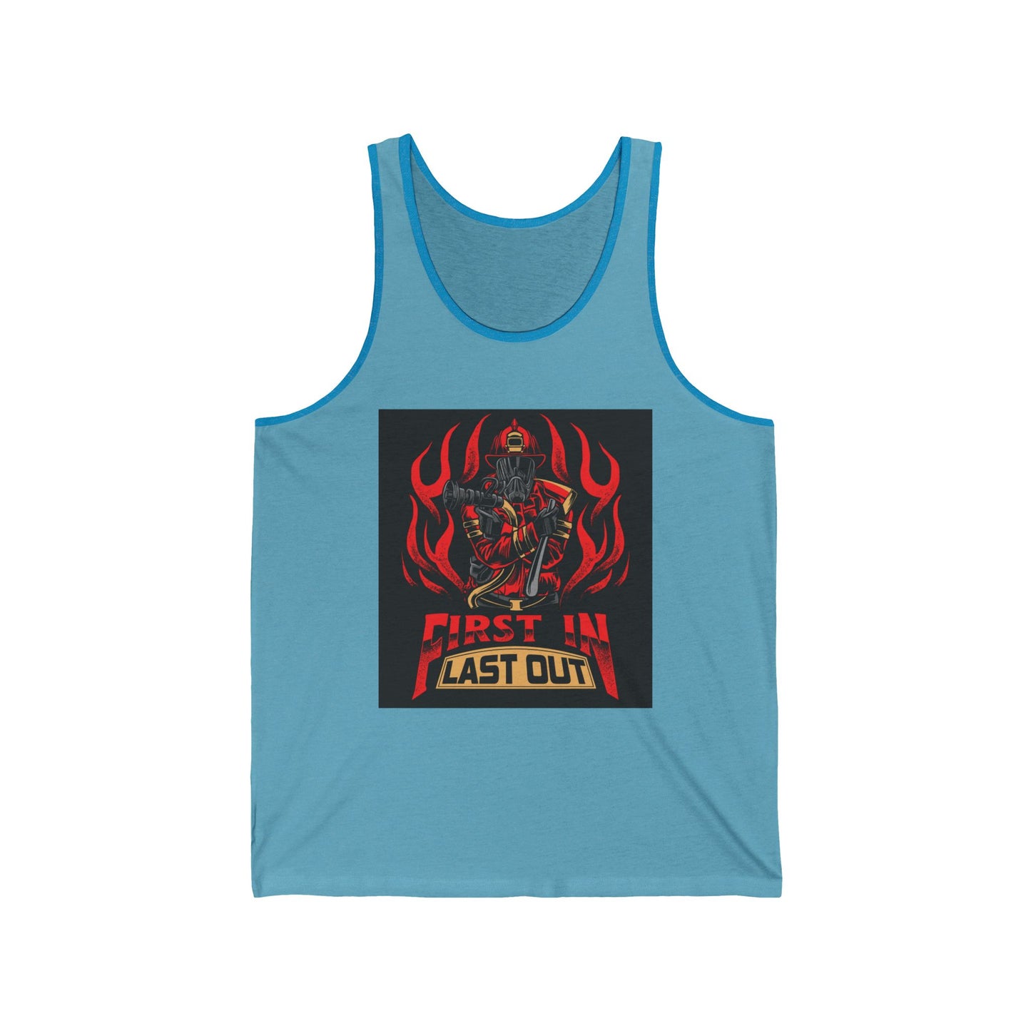 Unisex Jersey Tank - 'First In Last Out' Firefighter Design