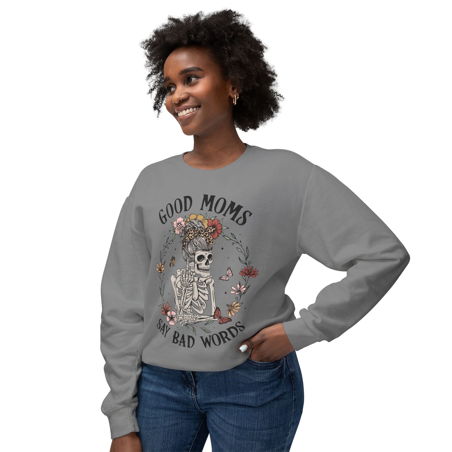 Good Moms Say Bad Words Sweatshirt | Unisex Lightweight Crewneck | Perfect for Moms and Halloween