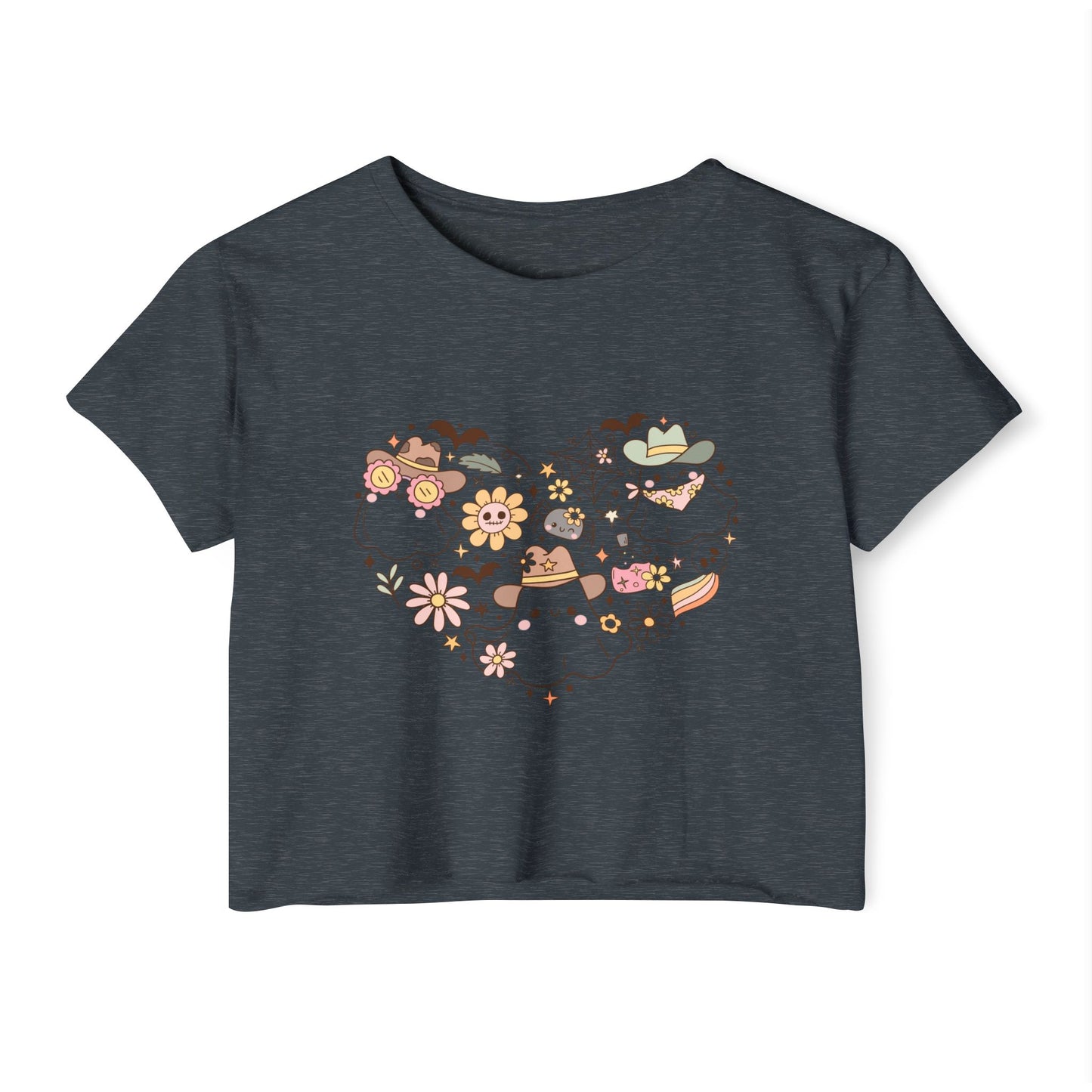 Women's crop Top with Floral Ghost Design, Summer T-Shirt, Boho Style Top, Festival Wear, Cute Casual Summer Shirt