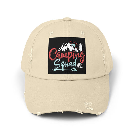 Camping Squad Distressed Cap | Unisex Headwear for Outdoor Adventures, Gifts for Campers, Summer Vibes, Travel Accessories, Hiking Cap
