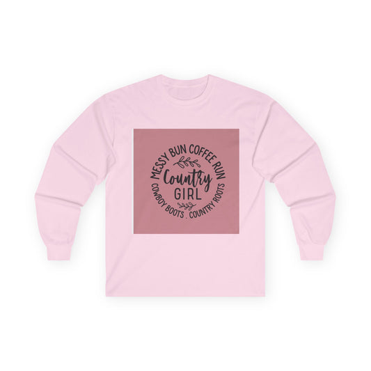 Country Girl Long Sleeve Tee - Messy Bun Coffee Fun