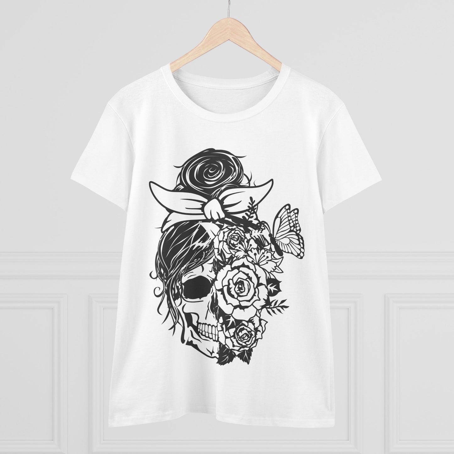 Floral Skull Women&#039;s Midweight Cotton Tee - Bohemian Style Tee for Everyday Wear