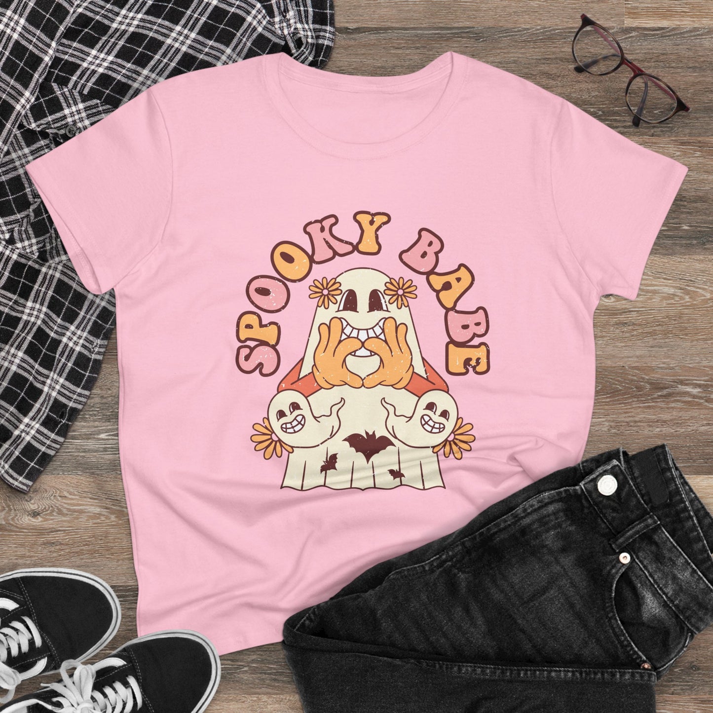 Spooky Babe Tee, Women's Midweight Cotton T-Shirt, Halloween Fashion, Casual Halloween Attire, Vintage Graphic Tee, Trendy Fall Shirt