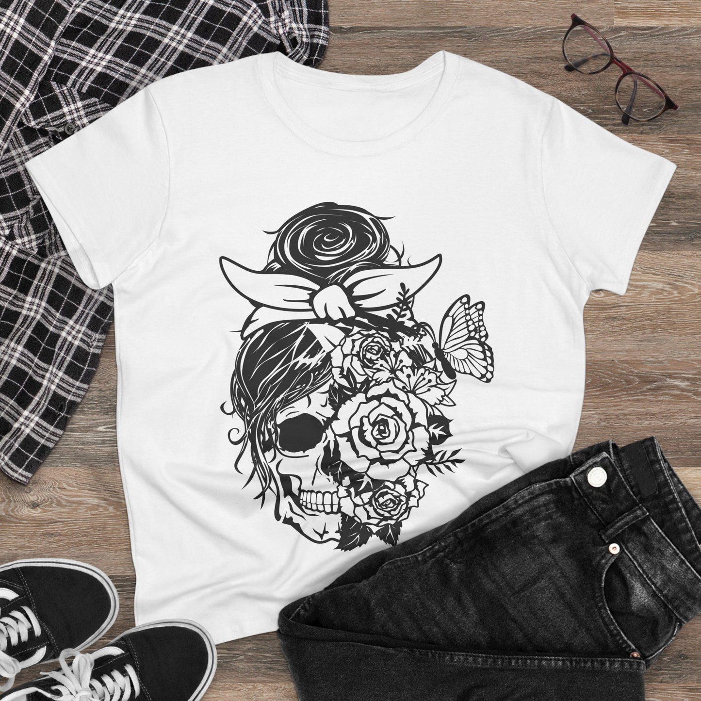 Floral Skull Women&#039;s Midweight Cotton Tee - Bohemian Style Tee for Everyday Wear