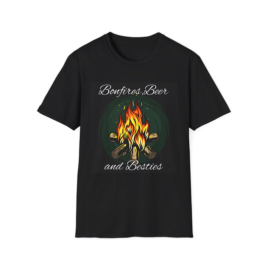 Bowfires, Beer, and Besties Unisex Softstyle T-Shirt - Perfect for Camping and Outdoor Gatherings