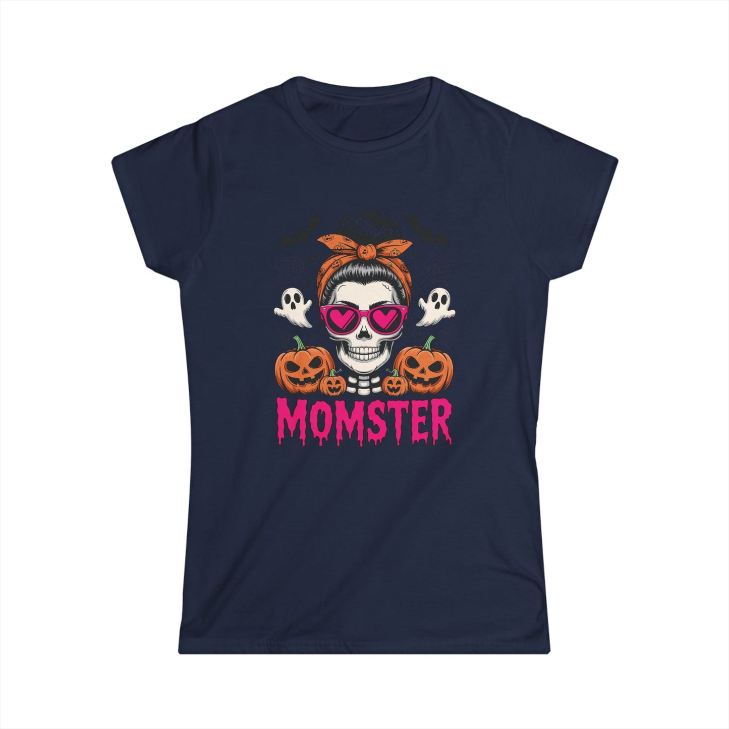 Momster Halloween Tee — Women’s Skull Mom T-Shirt with Pumpkins & Ghosts