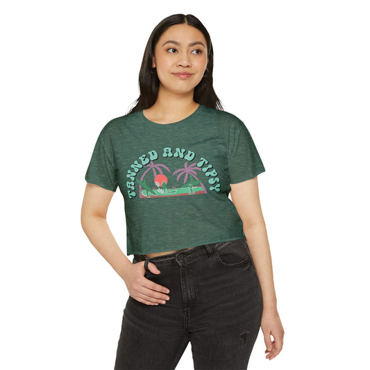 Tanned and Tipsy Women’s Festival Crop Top, Summer Vibe Shirt, Boho Style Tee, Beach Party Essential, Concert Outfit, Vacation Fashion