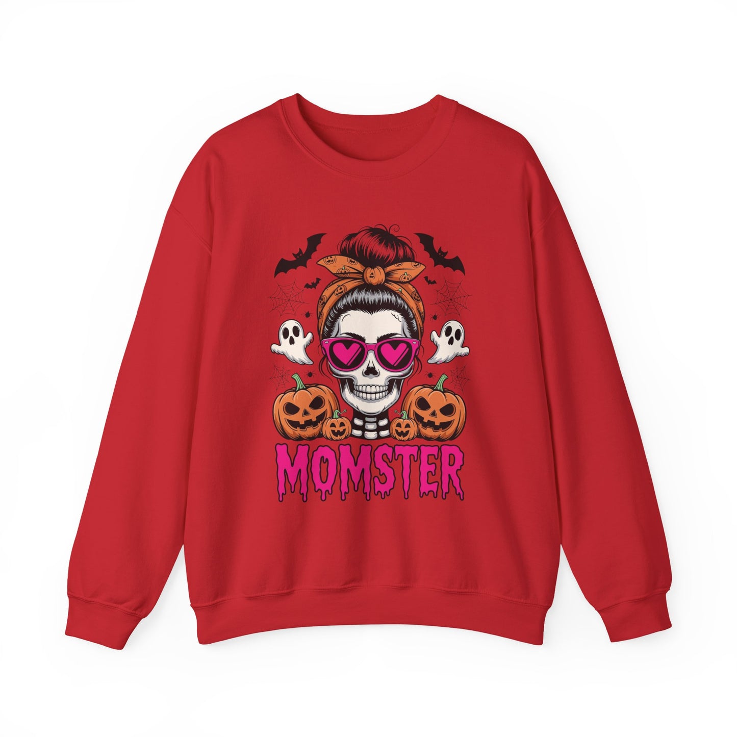 Momster Halloween Sweatshirt — Skull Mom with Pumpkins & Ghosts