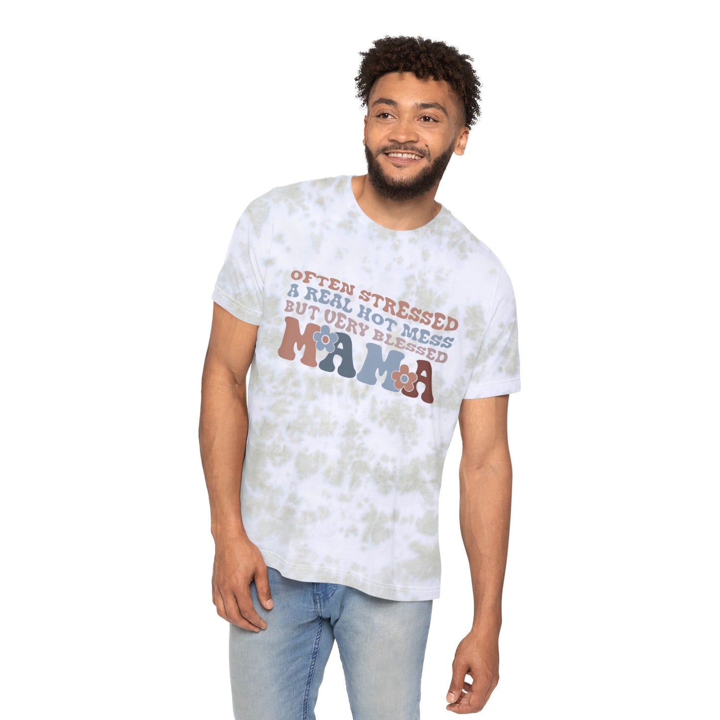 Often Stressed, Blessed Mama Tie-Dyed T-Shirt | Unisex Casual Tee for Moms