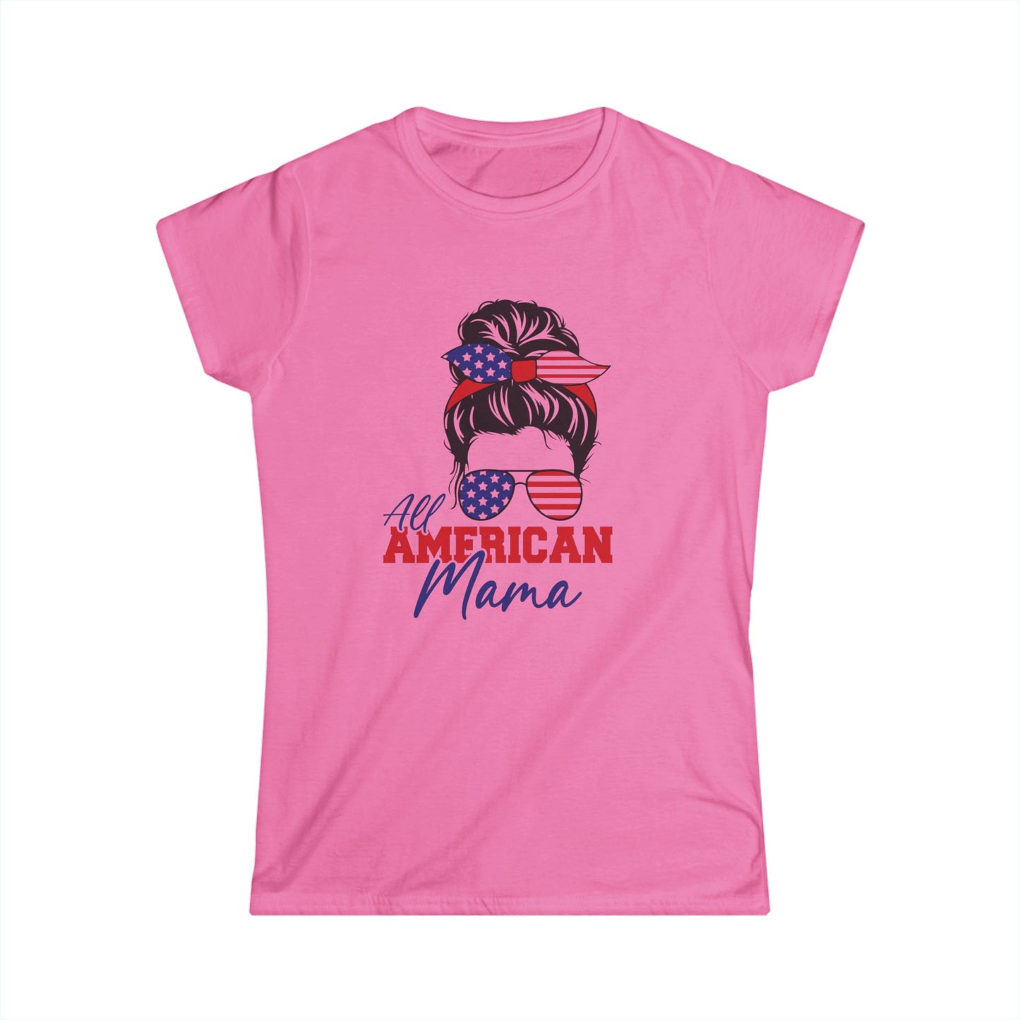 All American Mama Women's Softstyle Tee | Patriotic T-Shirt, Independence Day Apparel, Gifts for Moms, Summer Shirt, USA Pride Tee