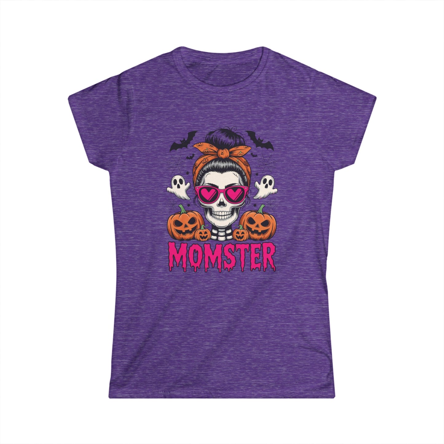 Momster Halloween Tee — Women’s Skull Mom T-Shirt with Pumpkins & Ghosts