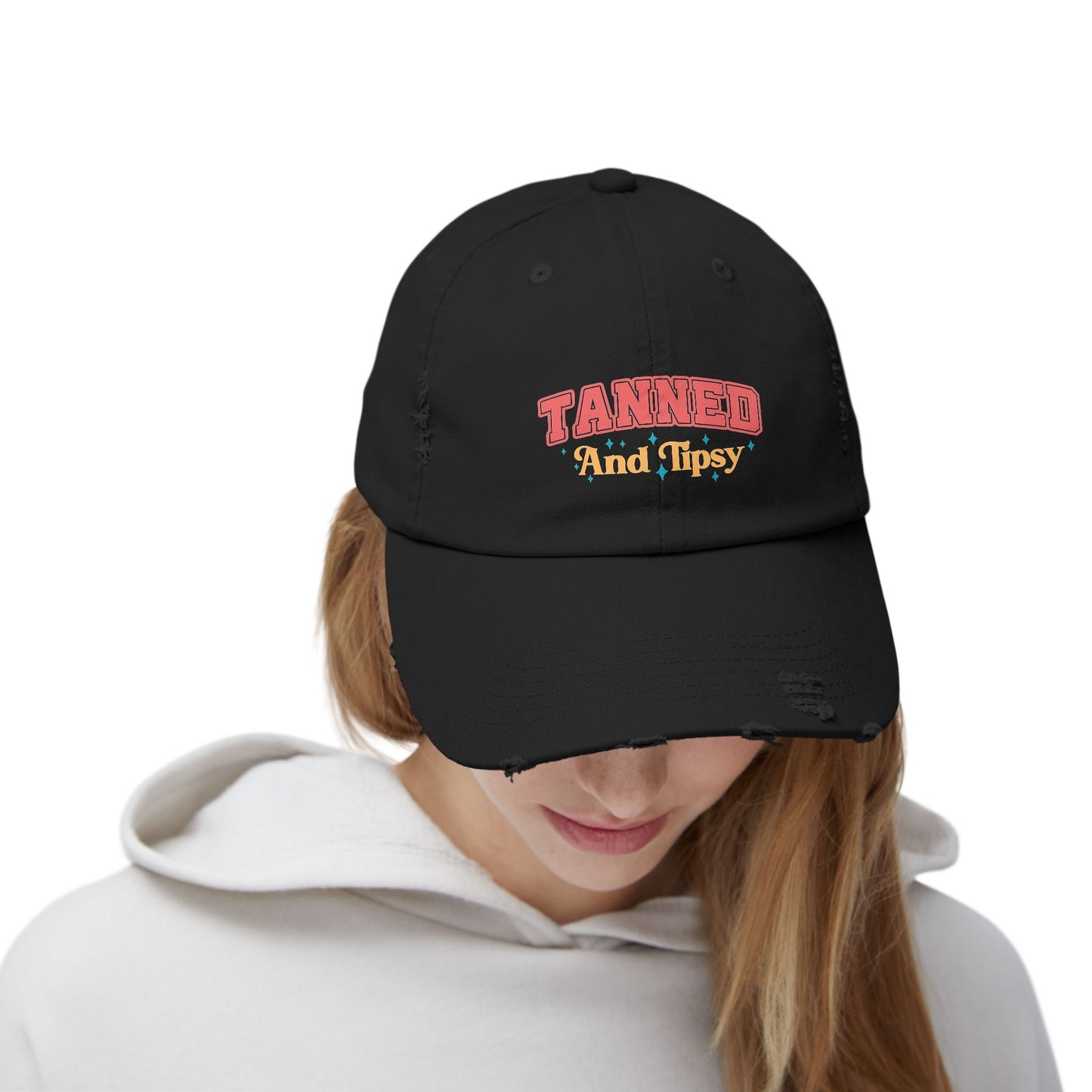 Distressed Cap with 'Tanned and Tipsy' Design | Trendy Summer Accessory, Gift for Friends, Beachwear Essential, Outdoor Events