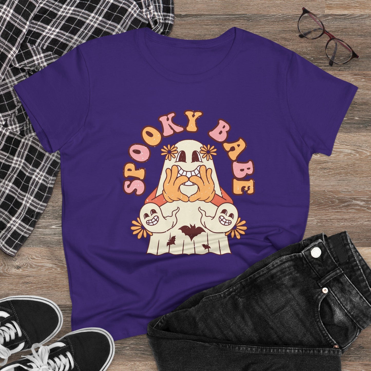 Spooky Babe Tee, Women's Midweight Cotton T-Shirt, Halloween Fashion, Casual Halloween Attire, Vintage Graphic Tee, Trendy Fall Shirt