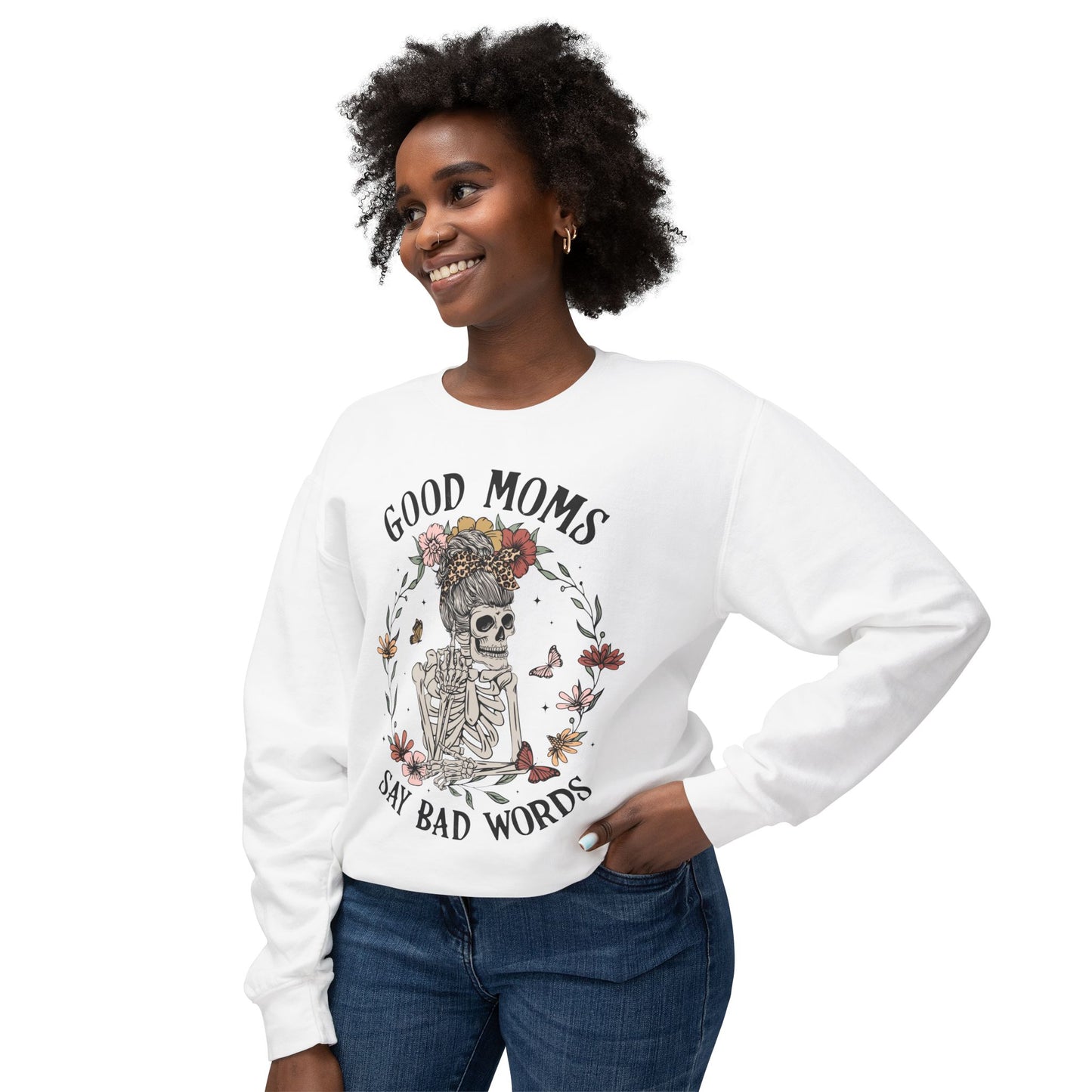 Good Moms Say Bad Words Sweatshirt | Unisex Lightweight Crewneck | Perfect for Moms and Halloween