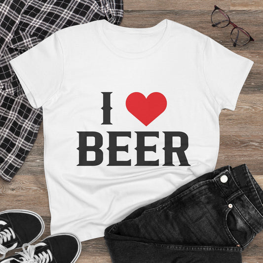 I Love Beer Women's Midweight Cotton Tee, Beer Lover Shirt, Gift for Beer Enthusiasts, Casual Everyday Wear, Fun Party Tee