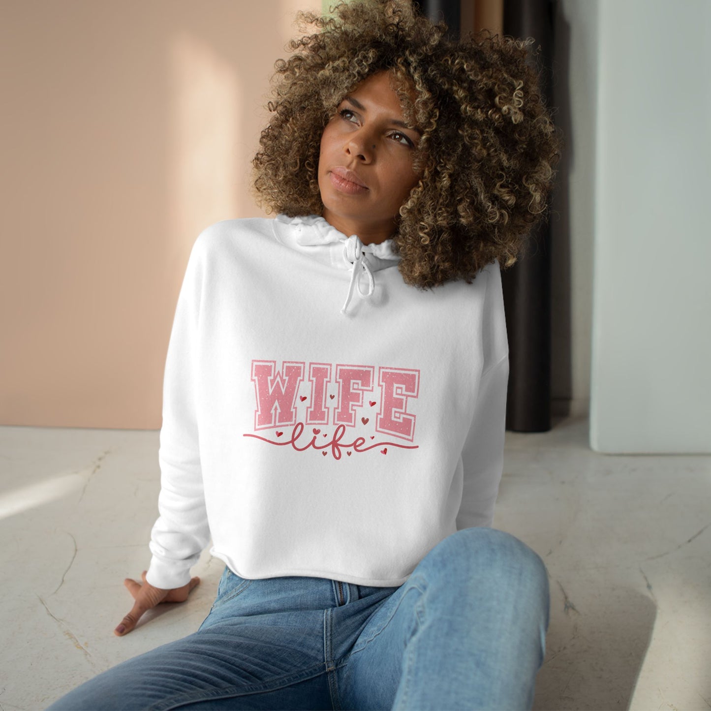 Wife Life Crop Hoodie - Trendy Pink Graphic Sweatshirt for Couples and Celebrations