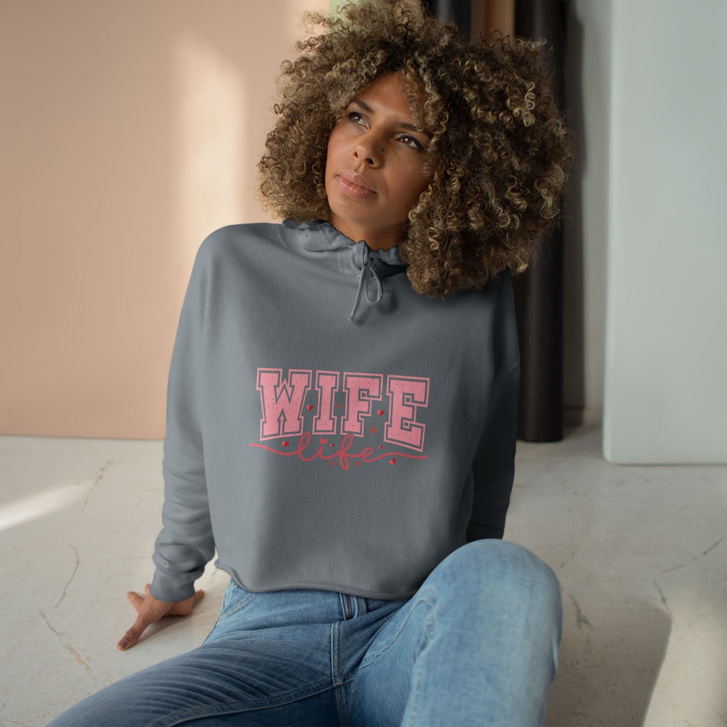 Wife Life Crop Hoodie - Trendy Pink Graphic Sweatshirt for Couples and Celebrations