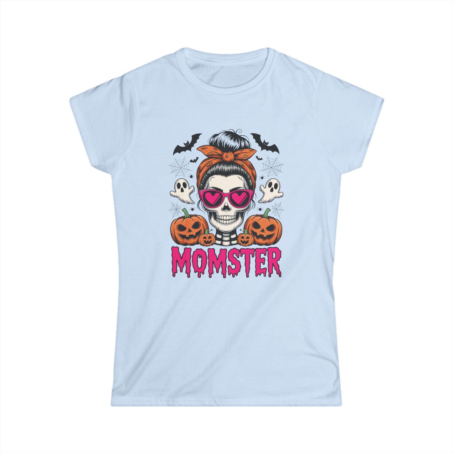 Momster Halloween Tee — Women’s Skull Mom T-Shirt with Pumpkins & Ghosts