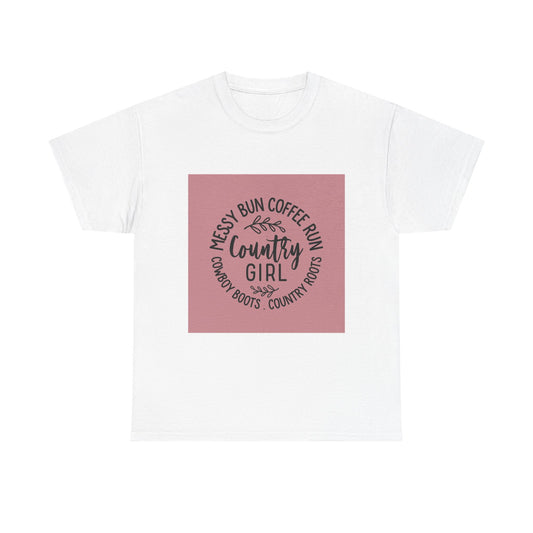 Country Girl Unisex Heavy Cotton Tee - Messy Bun Coffee Run Design