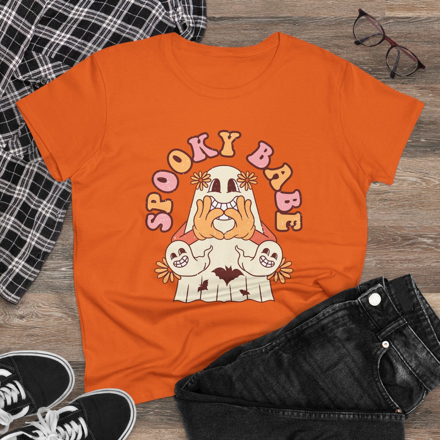 Spooky Babe Tee, Women's Midweight Cotton T-Shirt, Halloween Fashion, Casual Halloween Attire, Vintage Graphic Tee, Trendy Fall Shirt