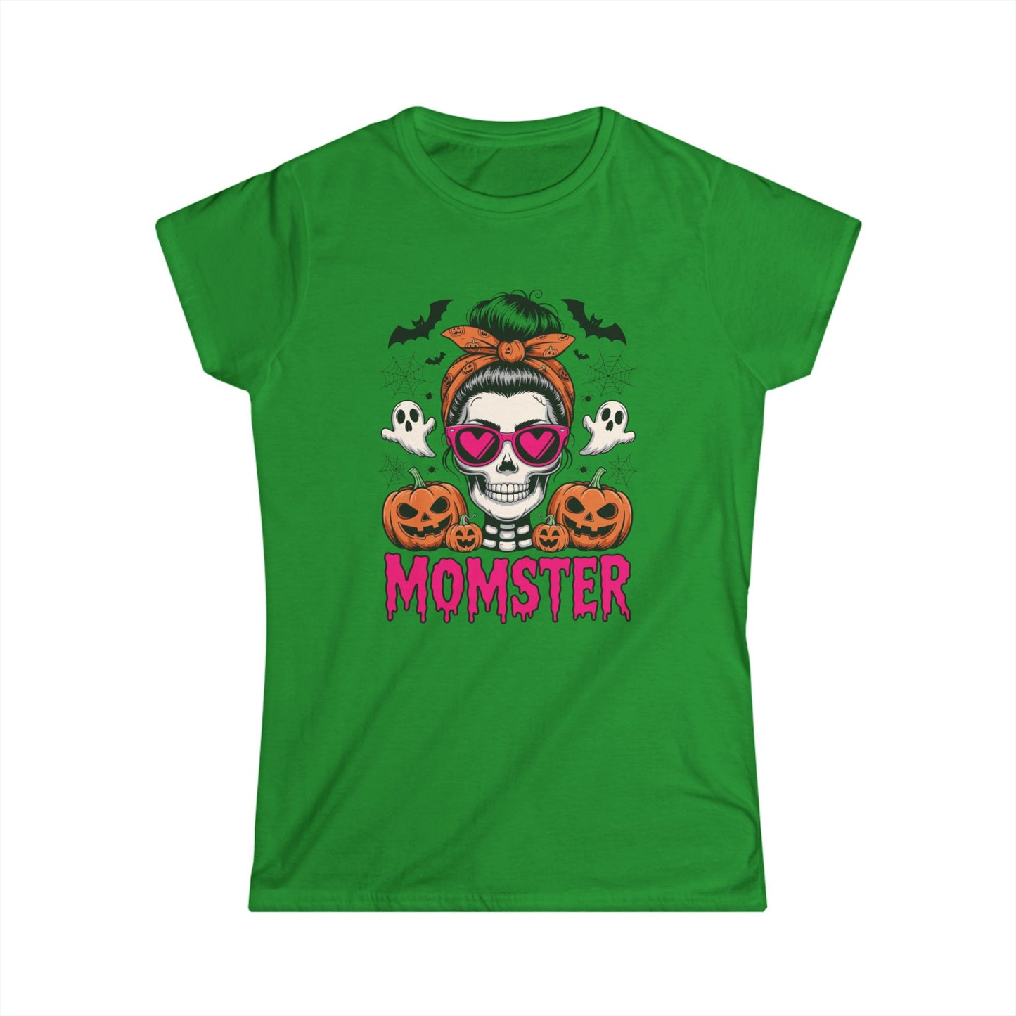Momster Halloween Tee — Women’s Skull Mom T-Shirt with Pumpkins & Ghosts
