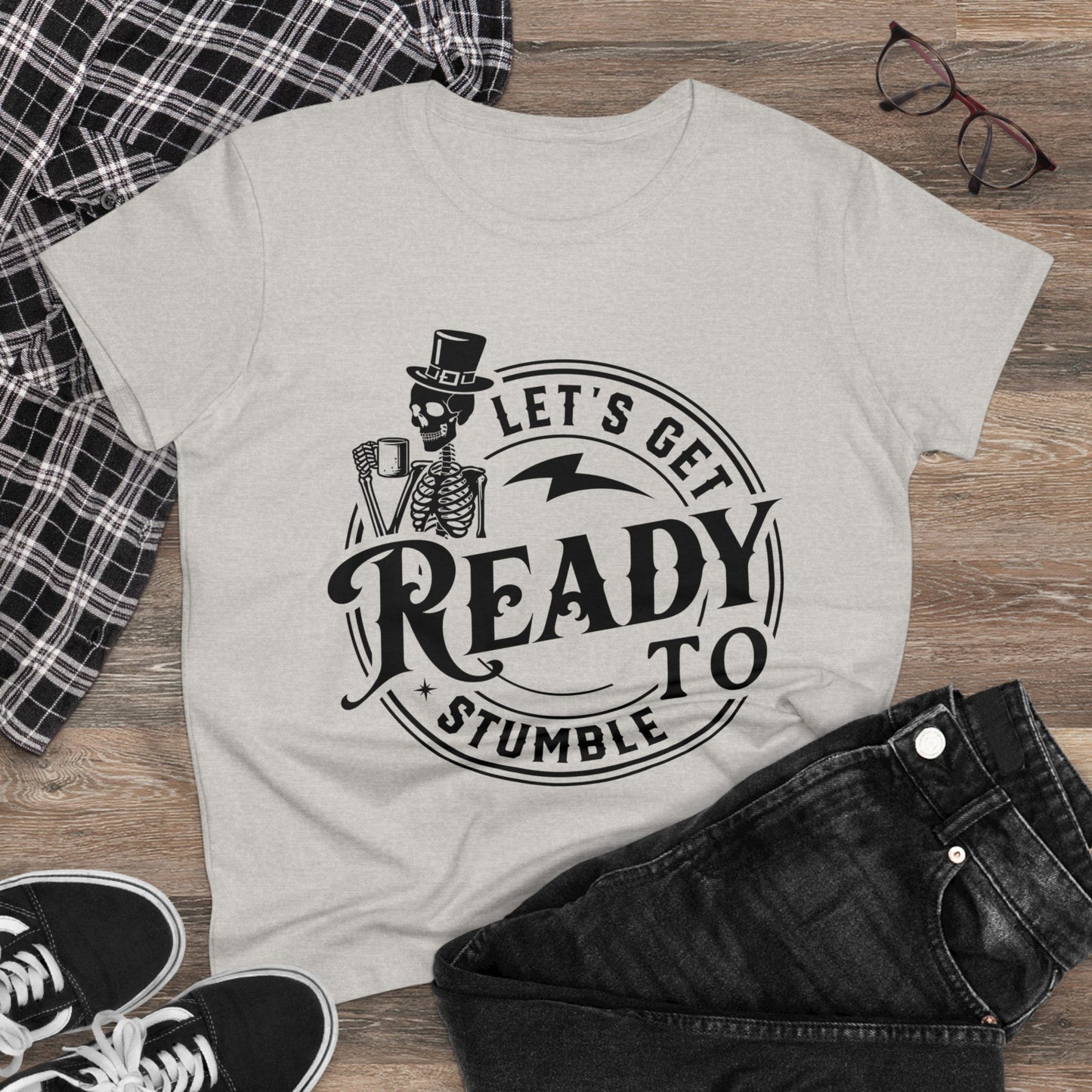 Ready to Stumble Skeleton Graphic Tee for Women - Fun Halloween Shirt